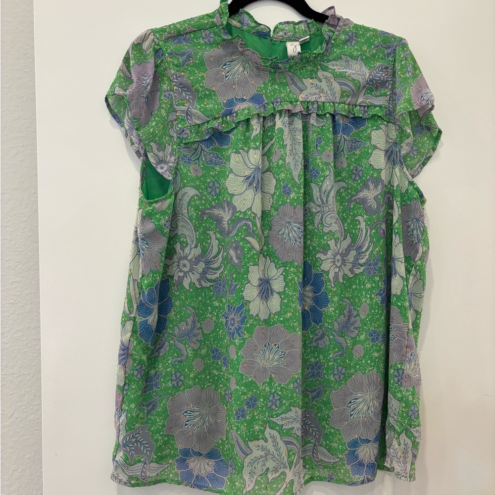 Joie Green Floral Short Sleeve Blouse